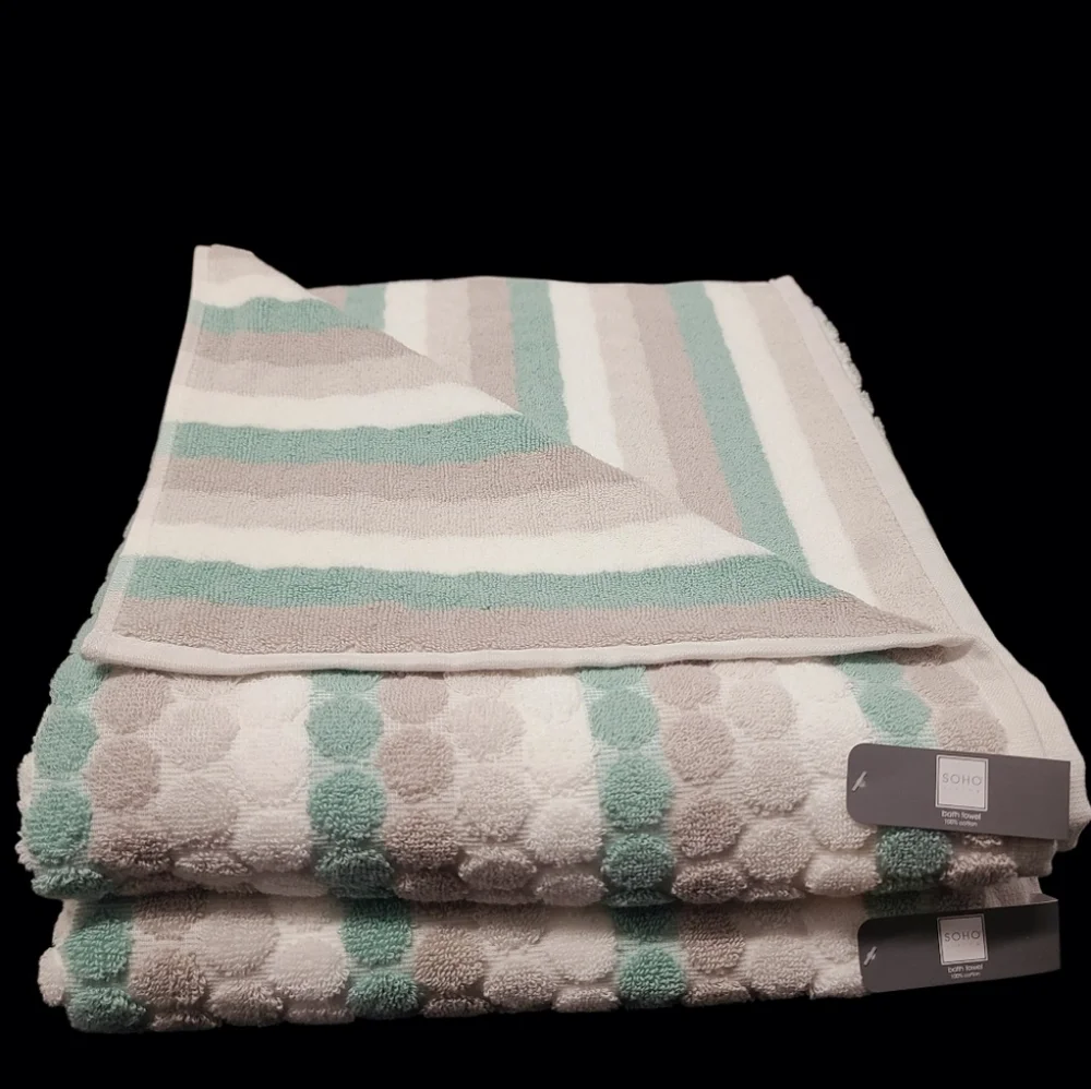 2 Piece Soho Living Bath Towel Set Striped Dot Sea Foam Green Gray White NEW